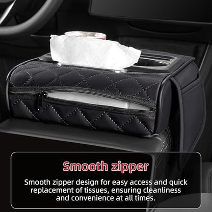 5 in 1 Car Center Console Cover, Armrest Pad with 2 Storage Pockets, Cup Holder, Tissue Box Slot, Phone Holder, Universal Car Interior Organizer (Black) - color: Black