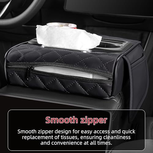 5 in 1 Car Center Console Cover, Armrest Pad with 2 Storage Pockets, Cup Holder, Tissue Box Slot, Phone Holder, Universal Car Interior Organizer (Black) - color: Black