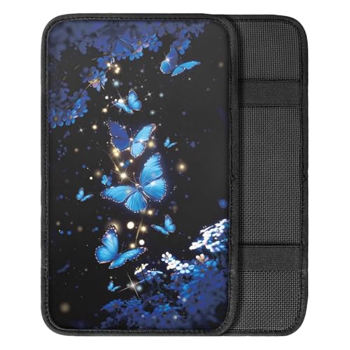 Dreaweet Car Armrest Cover Blue Butterfly Car Accessories Center Console Cover with Pockets,Soft Arm Rest Cover for Car SUV Truck Sedan Van - color: Blue Butterfly