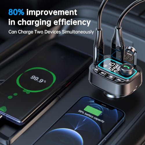 Bluetooth 5.3 Car Adapter FM Transmitter, 42W (PD30W & 12W) USB C Car Charger Wireless Radio Receiver, Hands-Free Calling MP3 Audio Player Cars Kit, Light Switch & Fast Charging & Deep Bass (Black)