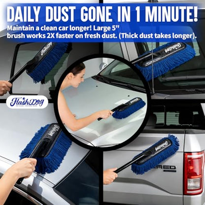 Flash Dog Car Duster Exterior - 25" Wood Handle Wax Cotton Hair Scratch Free Cleaning for Cars/SUV/Truck/RV Roofs & Windshields | Waterless Dust & Pollen Remover - color: Walnut