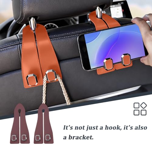 2PCS Car Headrest Hooks, Nappa Leather Metal Vehicle Double Seat Back Storage Hook for Purse Bag Coat, Multifunctional Automotive Interior Hanging Hanger, Universal Fit (Brown) - color: Brown