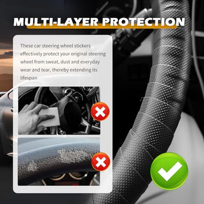2PCS 3.4Ft Leather Steering Wheel Wrap Tape,Breathable Car Steering Wheel Tape Provides Comfort & Non-Slip Grip,Sweat-Absorbent Cars Steerings Wheels Cover Tapes Car Accessories