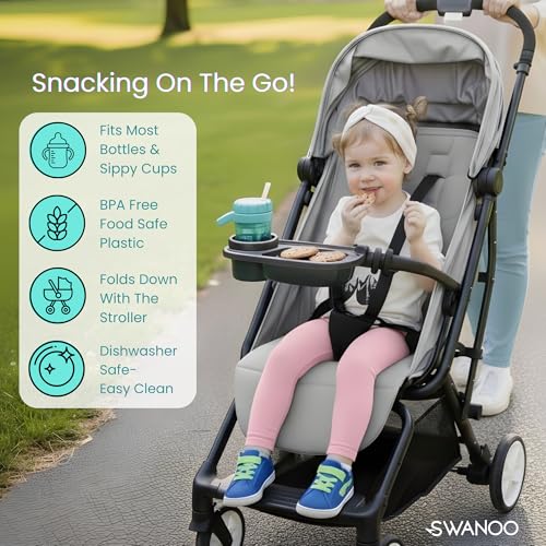 Swanoo Universal Stroller Snack Tray | Compatible With Nuna Mockingbird Bugaboo Uppababy | Stroller Bumper Bar Tray Attachment with Cup Holder | Baby Toddler Disneyland Essentials Stroller Accessories - color: Dark Grey