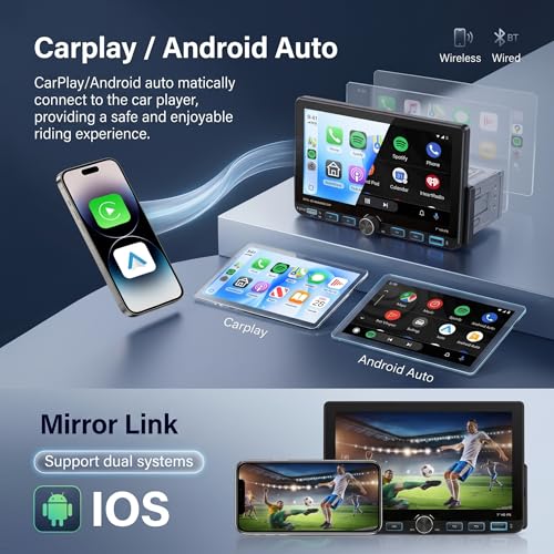 Single Din Radio Car Stereo with Wireless/Wired CarPlay & Android Auto, 7'' Single Din Touchscreen with BT,Mirror Link,FM/AM/RDS,EQ,USB/Type-C,Rear View Camera,SWC,Mic - style: Dual USB & Bottom Buttons