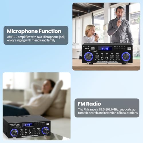 AMP-10 Bluetooth Amplifiers RMS 50WX2 Stereo Audio Amp Receivers for Home Speaker 2.0 Channel Max 600W Output Mini Power Amplifier w/FM Radio, Echo, MIC, USB, SD Input for Home,Car Audio