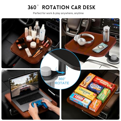 360° Rotation Car Desk for Laptop, Height-Adjustable Cup Holder Table, Wooden Car Food Tray & Laptop Mount Compatible with Tesla Model Y/3/S, Ford F150/Explorer/Maverick & Most Vehicles (Warm Walnut) - color: Warm Walnut