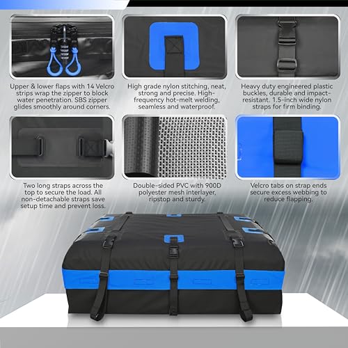 MARCHWAY Waterproof Car Roof Luggage Bag, Weatherproof Soft Shell Rooftop Cargo Carrier Bag for Vehicles with or Without Rack. 6 Door Hooks, Anti Slip Mat, Lock Included (21 Cubic Feet, Blue) - size: 21 Cubic Feet, Blue