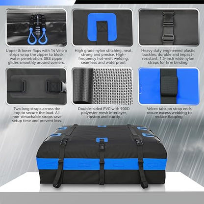 MARCHWAY Waterproof Car Roof Luggage Bag, Weatherproof Soft Shell Rooftop Cargo Carrier Bag for Vehicles with or Without Rack. 6 Door Hooks, Anti Slip Mat, Lock Included (21 Cubic Feet, Blue) - size: 21 Cubic Feet, Blue