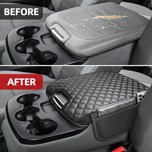 Center Console Cover Fit for 2013-2018 Dodge Ram 1500 & 2013-2024 Ram 2500/3500/1500 Classic Model for Jump Seat Console, Comfortable Armrest Pad, Middle Console Cover with 2 Side Pockets - style: A: Jump Seat Console 2013-2018 Ram Black Leather（with 2 Si