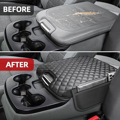 Center Console Cover Fit for 2013-2018 Dodge Ram 1500 & 2013-2024 Ram 2500/3500/1500 Classic Model for Jump Seat Console, Comfortable Armrest Pad, Middle Console Cover with 2 Side Pockets - style: A: Jump Seat Console 2013-2018 Ram Black Leather（with 2 Si