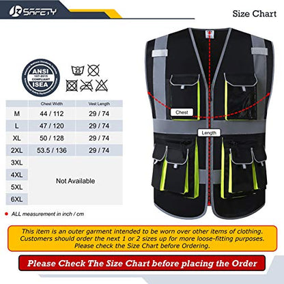 JKSafety 10 Pockets High Visibility Zipper Front Black Safety Vest with High Reflective Strips Meets ANSI/ISEA Standards (Medium, 88-Black) - color: Black, size: Medium