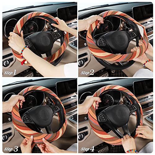 SEG Direct Boho Steering Wheel Cover with Baja Blanket Cloth, Ethnic Style Auto Wheel Cover Made of Coarse Flax, Fits 14 1/2-15 1/4 inches Car Wheel - color: Saturn Yellow