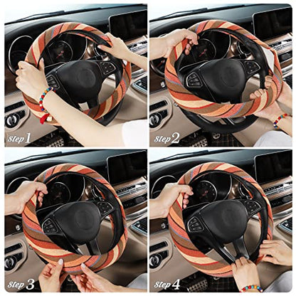 SEG Direct Boho Steering Wheel Cover with Baja Blanket Cloth, Ethnic Style Auto Wheel Cover Made of Coarse Flax, Fits 14 1/2-15 1/4 inches Car Wheel - color: Saturn Yellow