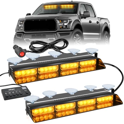 Nilight 32LED Amber Emergency Dash Strobe Lights with Controller Suction Cups Warning Hazard Interior Front/Rear Windshield Deck Split Light Bar for Trucks Construction Vehicles - color: Amber