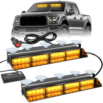 Nilight 32LED Amber Emergency Dash Strobe Lights with Controller Suction Cups Warning Hazard Interior Front/Rear Windshield Deck Split Light Bar for Trucks Construction Vehicles - color: Amber