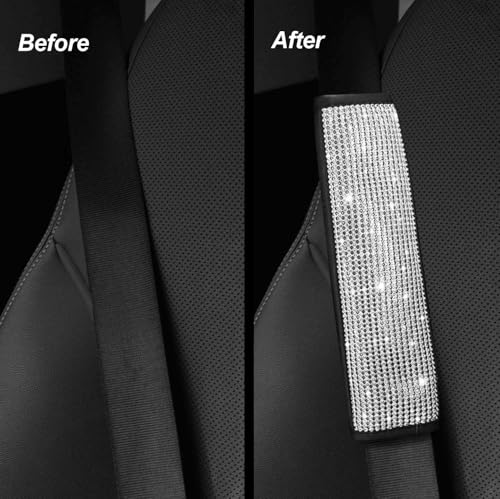 4PCS White Bling Car Seatbelt Strap Covers with Shift Gear Knob Cover & Handbrake Cove for Women Girls - Crystal Rhinestone Velvet Shoulder Pad Protector - Diamond Shine Safety Shoulder Pad - color: B-Sliver 4