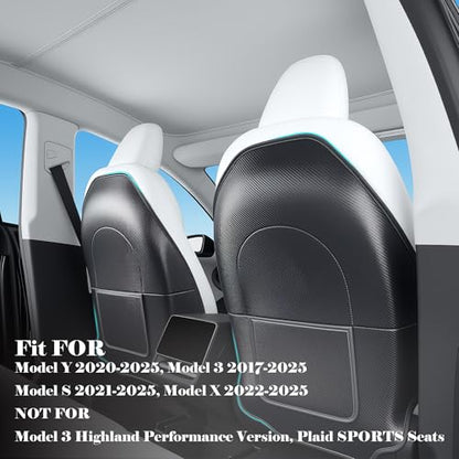 TOPABYTE Seat Back Kick Protector for Tesla Model Y Model 3 Model S Model X Leather Backseat Mats for Kids Wear-Resistant Back Seat Cover with Extra Organizer Pocket 2 PCS -Carbon Fiber