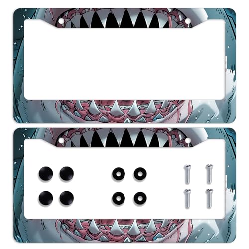 Shark Teeth License Plate Frame Funny Fantastic Brutal License Plate Personalise License Plate Frames Rust-Proof Stainless Steel Metal Car Plates Tag Funny Decor Men Women 12.2" X 6.2" - color: Shark Teeth_29