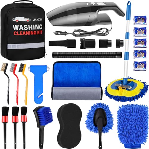 LIANXIN Car Cleaning Kit Car Wash Kit with High Power Handheld Vacuum Automobile Detailing Brush Kits Microfiber Towels Tire Brush Washing Mitt Sponge Safety Hammer Cleaning Wash Kits - size: Xxl-11