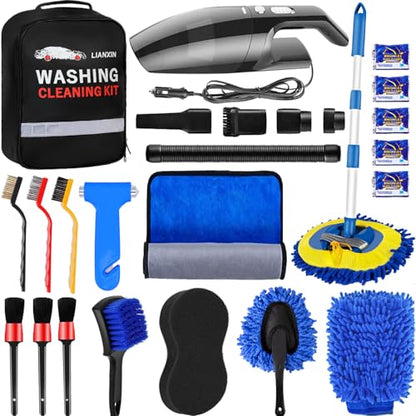 LIANXIN Car Cleaning Kit Car Wash Kit with High Power Handheld Vacuum Automobile Detailing Brush Kits Microfiber Towels Tire Brush Washing Mitt Sponge Safety Hammer Cleaning Wash Kits - size: Xxl-11