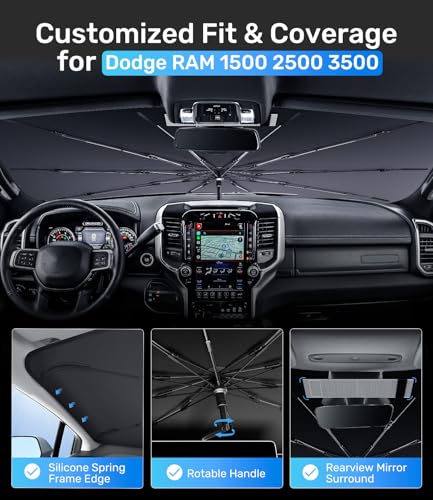 Zanch Upgrade Windshield Sun Shade, Custom Fit for Dodge RAM 1500 2500 3500 [Titanium-Silver Reflective Coating] Blocks 99% UV & Heat, Sunshade Umbrella for RAM 1500 2500 3500, 2015...2023 2024 2025 - size: For RAM 1500/2500/3500 (2015-2025)