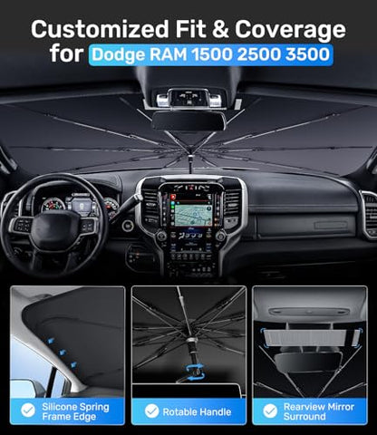 Zanch Upgrade Windshield Sun Shade, Custom Fit for Dodge RAM 1500 2500 3500 [Titanium-Silver Reflective Coating] Blocks 99% UV & Heat, Sunshade Umbrella for RAM 1500 2500 3500, 2015...2023 2024 2025 - size: For RAM 1500/2500/3500 (2015-2025)