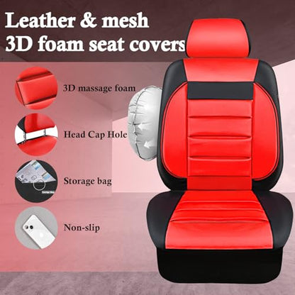 CAR PASS Leather Car Seat Covers Front Seats Only, Universal Fit Automotive Interior Waterproof 3D Foam Back Support Car Seat Covers for Trucks Vans and SUVs Airbag Compatible 2 Pieces （Black Red - color: Red Front