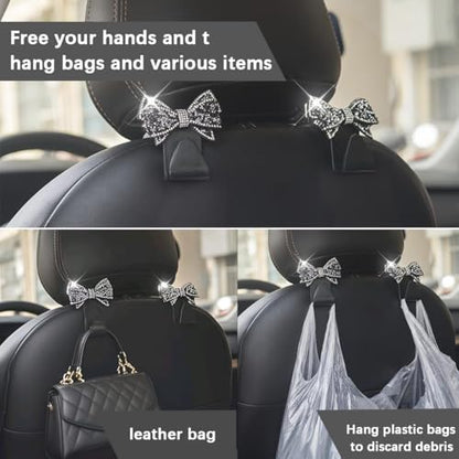 Zpana Bling Car Headreat Hook, 2PCS Crystal Rhinestone Cute Bow Vehicle Seat Back Hanger Storage for Purses Bags Grocery, Diamond Auto Rear Seat Organizer, Universal for SUV Truck Sedan (Purple) - style: Purple/4PCS