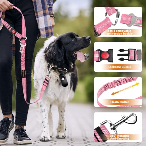 Removable Dog Seat Belt Harness for Car, 3 in 1 Pet Dog Car Seatbelt Leash, Retractable Restraint Secures to Vehicle Headrest & Adjustable Reflective Bungee Dog Seatbelt Tether, Pink - color: 2PCS Pink