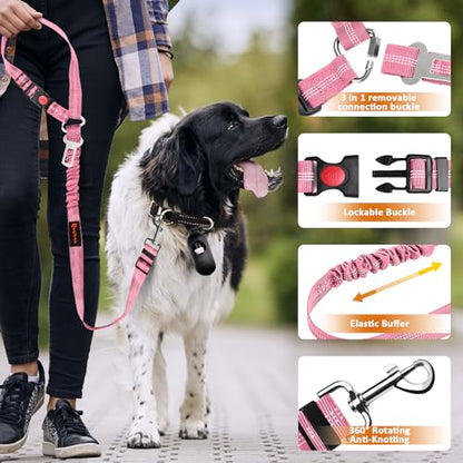Removable Dog Seat Belt Harness for Car, 3 in 1 Pet Dog Car Seatbelt Leash, Retractable Restraint Secures to Vehicle Headrest & Adjustable Reflective Bungee Dog Seatbelt Tether, Pink and Black - color: Black+Pink