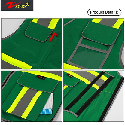 zojo High Visibility Safety Vest, 5PCS,Reflective with Multi-Functional Pockets and Zipper,for Men Women work(Green-Strip) - color: Green-strip