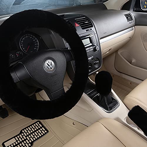 3Pcs/Set Pure Wool Fur Furry Steering Wheel Cover, Soft Fluffy Handbrake Cover Gear Shift Cover for Women Car SUV Truck Australia Sheepskin Accessories - color: Black, size: Shearling Wool