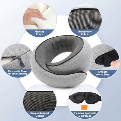Memory Foam Neck Travel Pillow – 360° Adjustable Support, Breathable Washable Cover, Eye Mask & Earplugs, Carry Bag – Compact Airplane Pillow for Plane/Car/Train/Office (Grey)