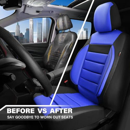 CAR PASS Leather Car Seat Covers Front Seats Only, Universal Fit Automotive Interior Waterproof 3D Foam Back Support Car Seat Covers for Trucks Vans and SUVs Airbag Compatible 2 Pieces Black Blue - color: Blue Black