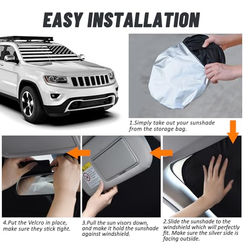 D-Lumina Windshield Sun Shade for 2011-2021 Jee-p Grand Cherokee (NOT for Grand Cherokee L), Front Window Sunshade American Flag Sun Visor Sun Shield Block UV Ray Heat, Foldable 2 Layers 210T Material - size: Silver & Black-Fit 2011-2021 Jeep Grand Cherok