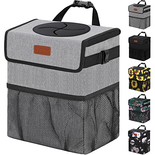 Vankor 3 Gallons Car Trash Can with Lid, Car Trash Bag Bin Hanging Waterproof Automotive Garbage Cans Leak Proof Vehicle Can Grey - color: Grey, size: 3 Gallons