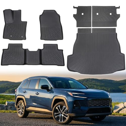 Car Floor Mats for 2026 Toyota RAV4 Hybrid (Not for Phev) TPE Full Set with Cargo Liner & 2nd Row Backrest Mat,All Weather Protection Anti-Slip Custom Fit Full Coverage Waterproof - size: 2026 RAV4 Hybrid Floor Mat