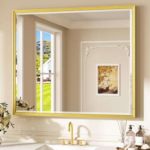 Keonjinn 42" x 36" Gold Mirrors for Bathroom Sink, Brushed Gold Bathroom Vanity Mirror, Beveled Tempered Glass, Aluminum Alloy Frame, Rustproof, Large Rectangle Wall Mirror for Decor, Modern Farmhouse - color: Gold, size: 36"L x 42"W