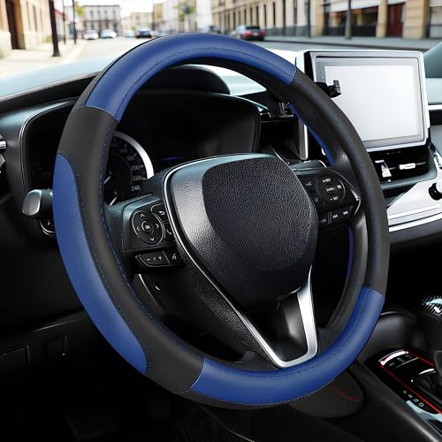 SEG Direct Car Steering Wheel Cover Universal Standard Size 14.5-15 inch, Black and Blue Microfiber Leather - color: Black and Blue, size: Standard size[14 1/2''-15'']