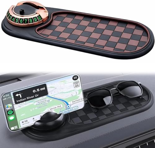 Multifunctional Car Dashboard Anti-Slip Mat with 360° Rotatable Phone Holder & Temporary Parking Number Plate, Anti Slip Dashboard Pad for Car Interior Accessories, Brown-Black (Brown-Gold) - color: Brown-Gold