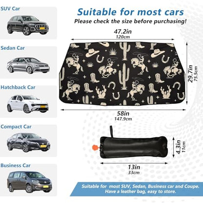 Gredecor Windshield Sun Shade Umbrella, Boho Western Cactus Cowboy Foldable Car Sunshade with UV Block Front Window (Heat Insulation Protection) for Auto Windshield Covers