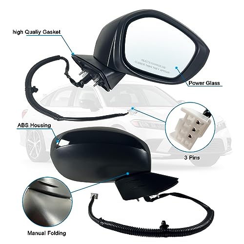 Right Passenger side Mirror Fits 2022-2026 HONDA CIVIC Sedan/Hatchback With Power Glass, Manual Folding, Match to Crystal Black Pearl Replace HO1321350 76208T20A01 (3 Pins) - size: R-3Pins