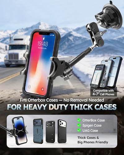 Heavy Duty Phone Mount for Truck, Suction Cup Windshield Car Phone Holder, Ultra-Durable Mteal Car PhoneHolder for F- 150 RAM Silverado Kenworth Peterbilt Freightliner, 360° Anti-Shake Car Phone Mount - style: Extended black