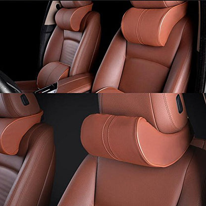 Car Seat Neck Pillow Headrest Head Support Pillow Cushion Pad Soft Memory Foam PU Soft Leather Comfortable with Adjustable Strap - color: Brown