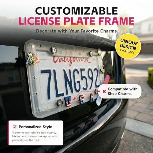 DIY Charm License Plate Frame Crystal Clear, 1-Pack Premium TPU License Plate Holder Compatible with Shoe Charms, Anti-Theft Stainless Steel Hardware Kit & Tools, Rattle-Proof Drainage Design - color: Clear, size: 1 PC