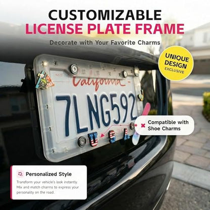 DIY Charm License Plate Frame Crystal Clear, 2-Pack Premium TPU License Plate Holder Compatible with Shoe Charms, Anti-Theft Stainless Steel Hardware Kit & Tools, Rattle-Proof Drainage Design - color: Clear, size: 2 PCS