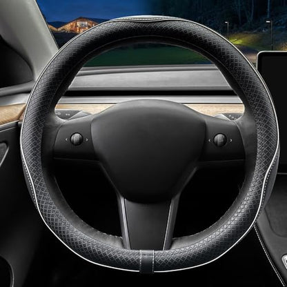 LKWLIKEI Nappa Leather Ultra-Thin Steering Wheel Cover, for Tesla Model 3/Y Steering Wheel Cover, Non-Slip Design and Interior Modification of car Accessories. - color: Black and White