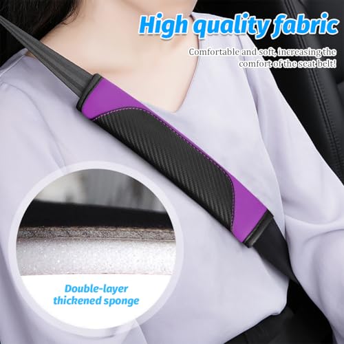 2PCS Carbon Fiber Car Seat Belt Cover, Leather Comfortable Soft Vehicle Seatbelt Pad for Shoulder & Neck, Automotive Interior Seat Strap Cushion Mat, Universal Fit (Black/Purple) - color: Black/Purple