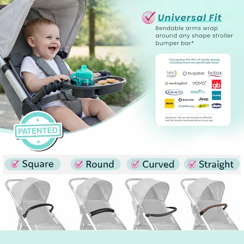 Swanoo Universal Stroller Snack Tray | Compatible With Nuna Mockingbird Bugaboo Uppababy | Stroller Bumper Bar Tray Attachment with Cup Holder | Baby Toddler Disneyland Essentials Stroller Accessories - color: Dark Grey